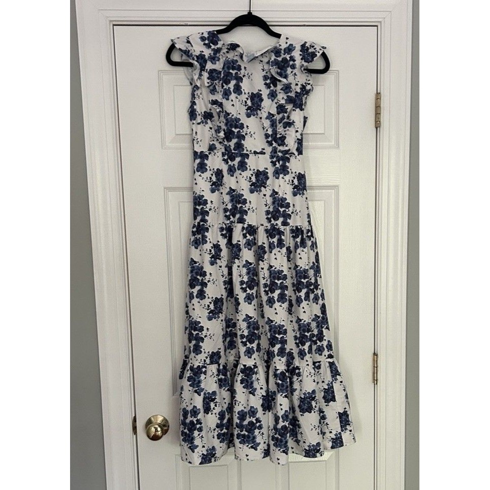 Anne Louise Boutique Women’s Size 6 Blue White Gardenia Floral Print Midi Dress — image 7 of 8